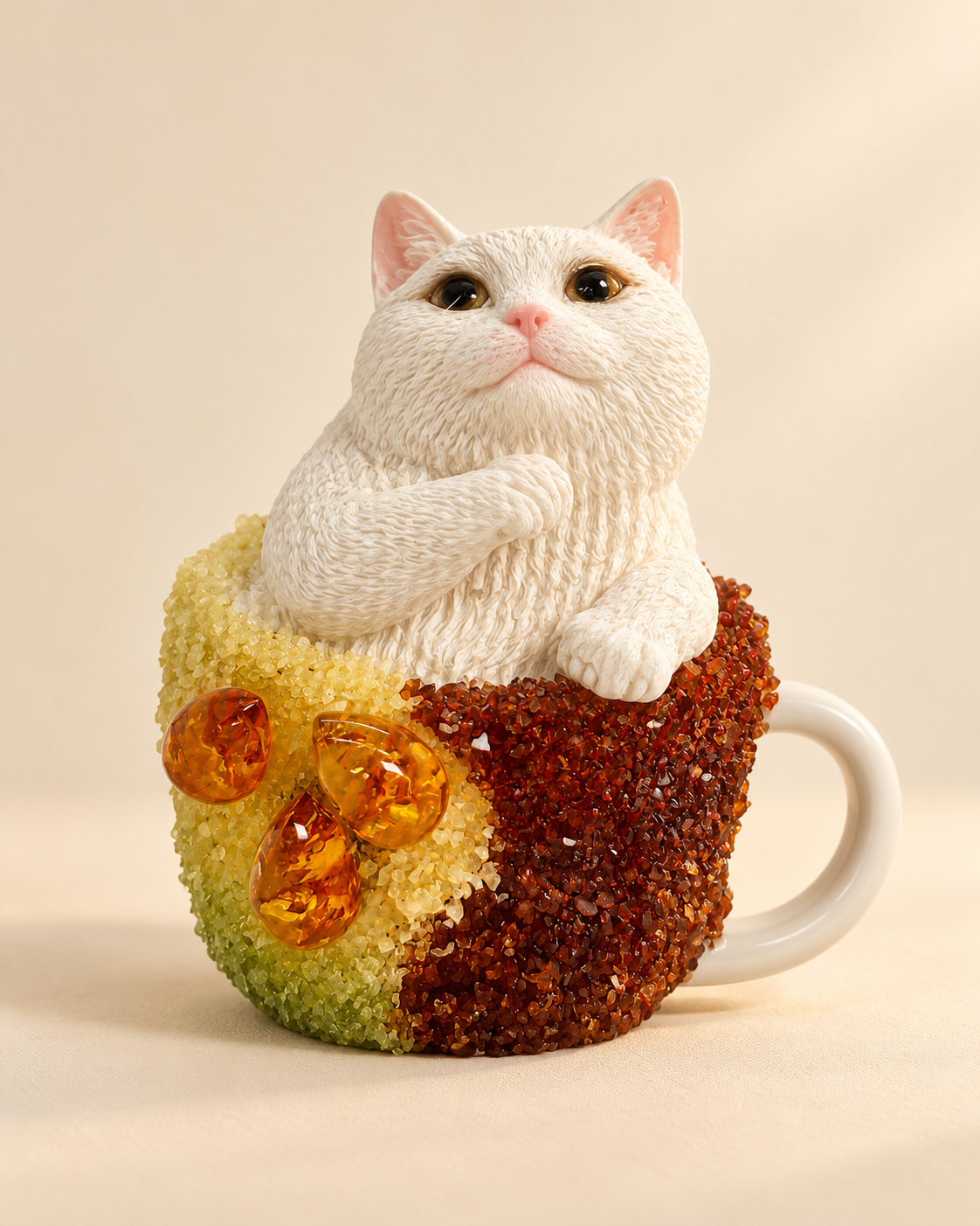 A white mug-shaped decorative piece with a sculpted white cat above textured brown, cream and honey-toned detailing. Intended here as a display item; suitability for drinks, heat or dishwashers has not been verified.