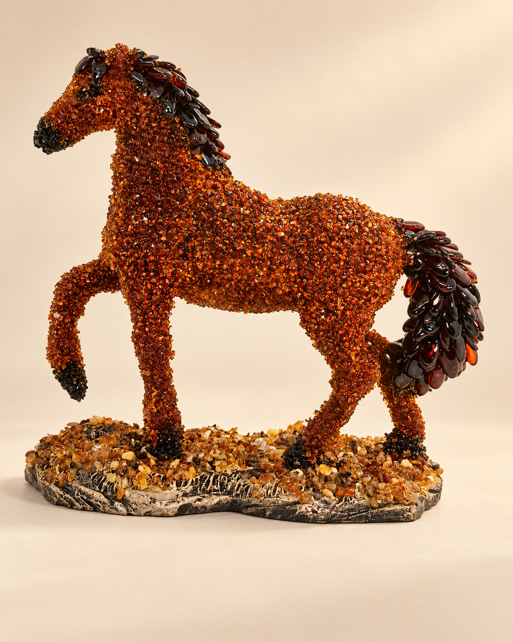 A chestnut-toned horse with one front leg raised, a dark flowing mane and tail, and a textured display base.