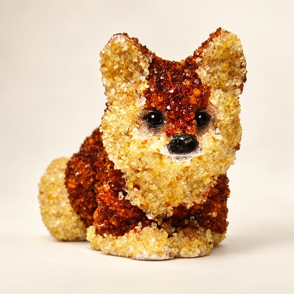 Honey-toned seated fox figurine on a cream background