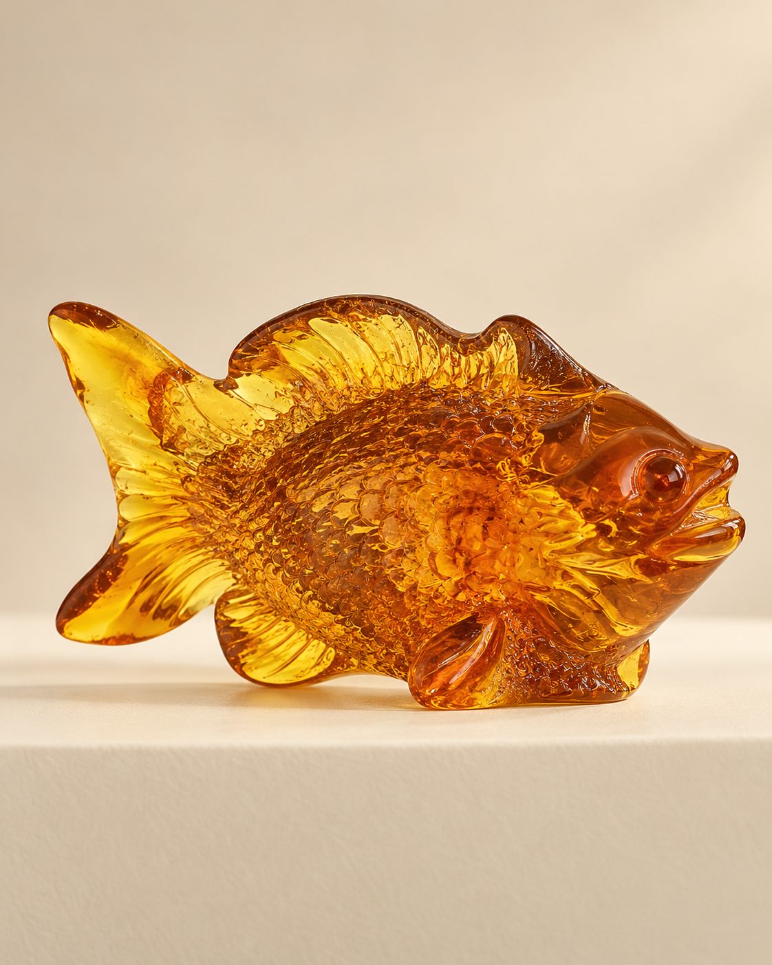 A translucent golden-toned fish figurine with carved scale, fin and eye detailing. A decorative accent for a shelf or desk.
