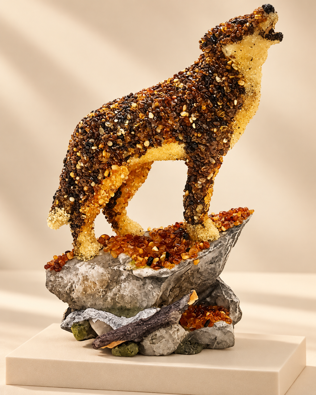 A standing wolf with its muzzle raised, dark brown textured detailing, a pale golden chest and paws, and a rocky display base.