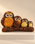 A decorative arrangement of four owls in honey and deep brown tones, with contrasting eye details and a shared woodland-style base.