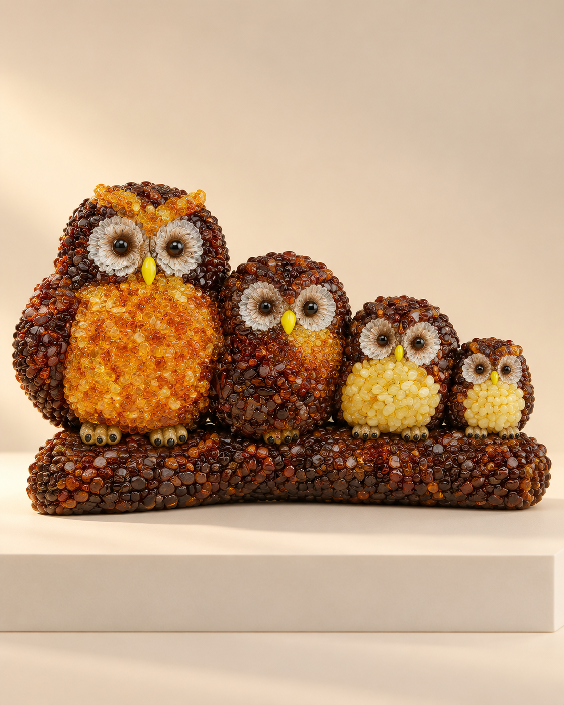 A decorative arrangement of four owls in honey and deep brown tones, with contrasting eye details and a shared woodland-style base.