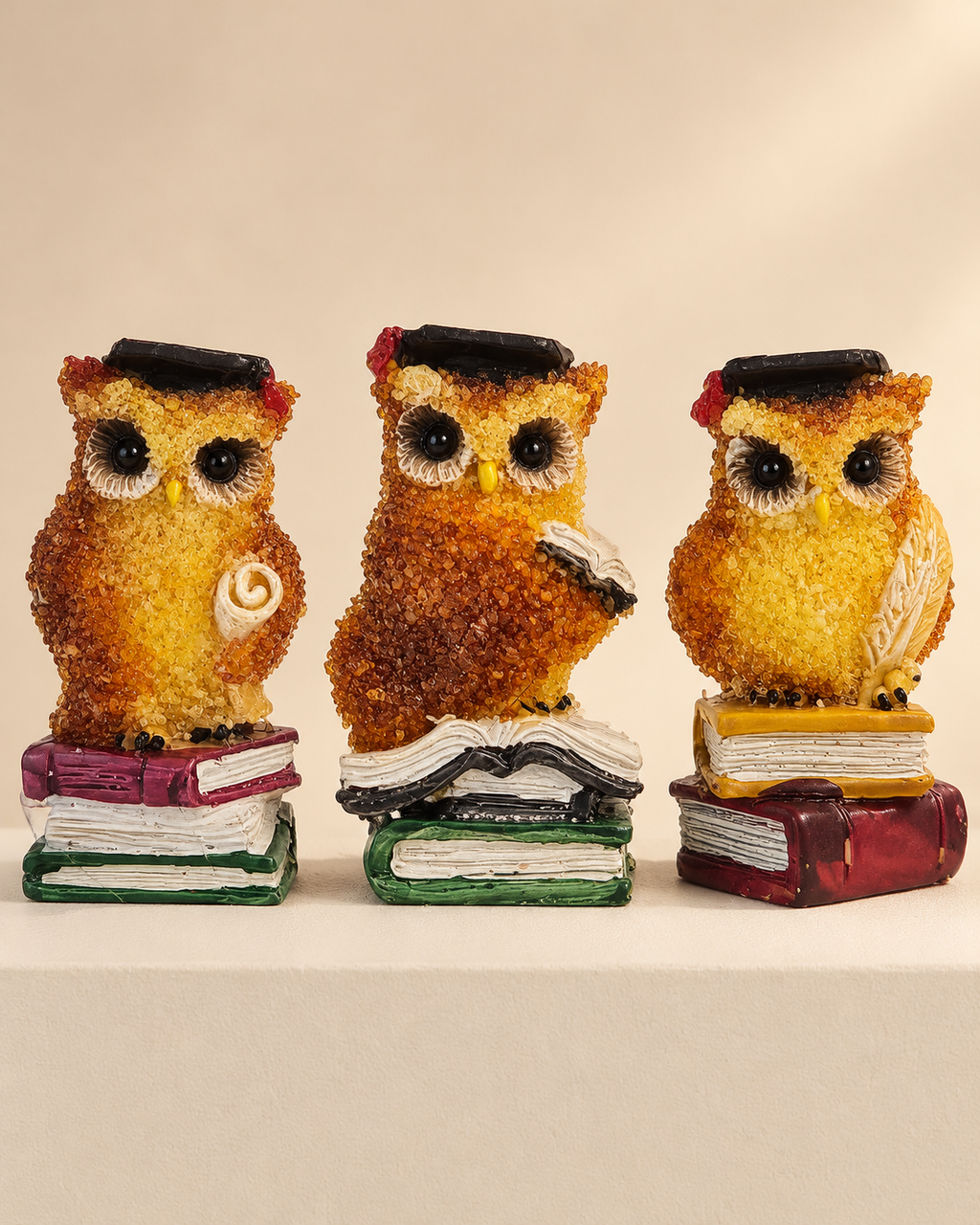 Three owl designs wearing graduation caps, each with a distinct pose and book-themed base, in warm honey, brown and cream tones. Individual options, prices and whether sold as a set remain to be confirmed.